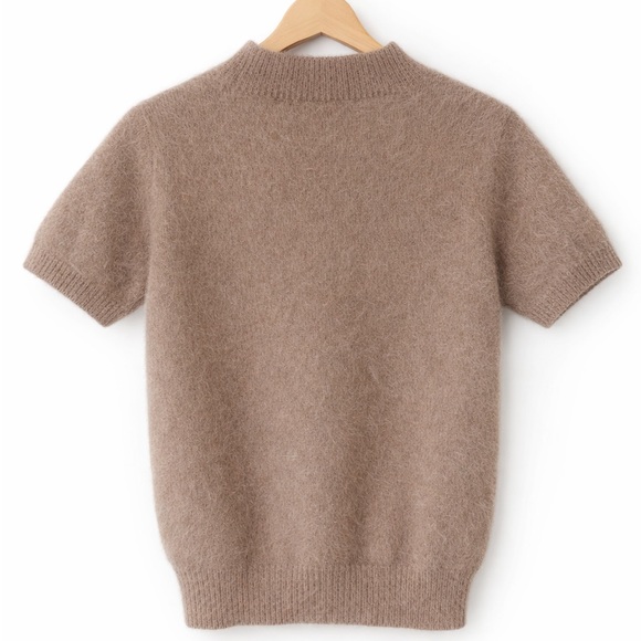 White Cozy Tan Rabbit Hair Knit Top • Soft Fuzzy Short Sleeve Sweater • Size S - Picture 3 of 7